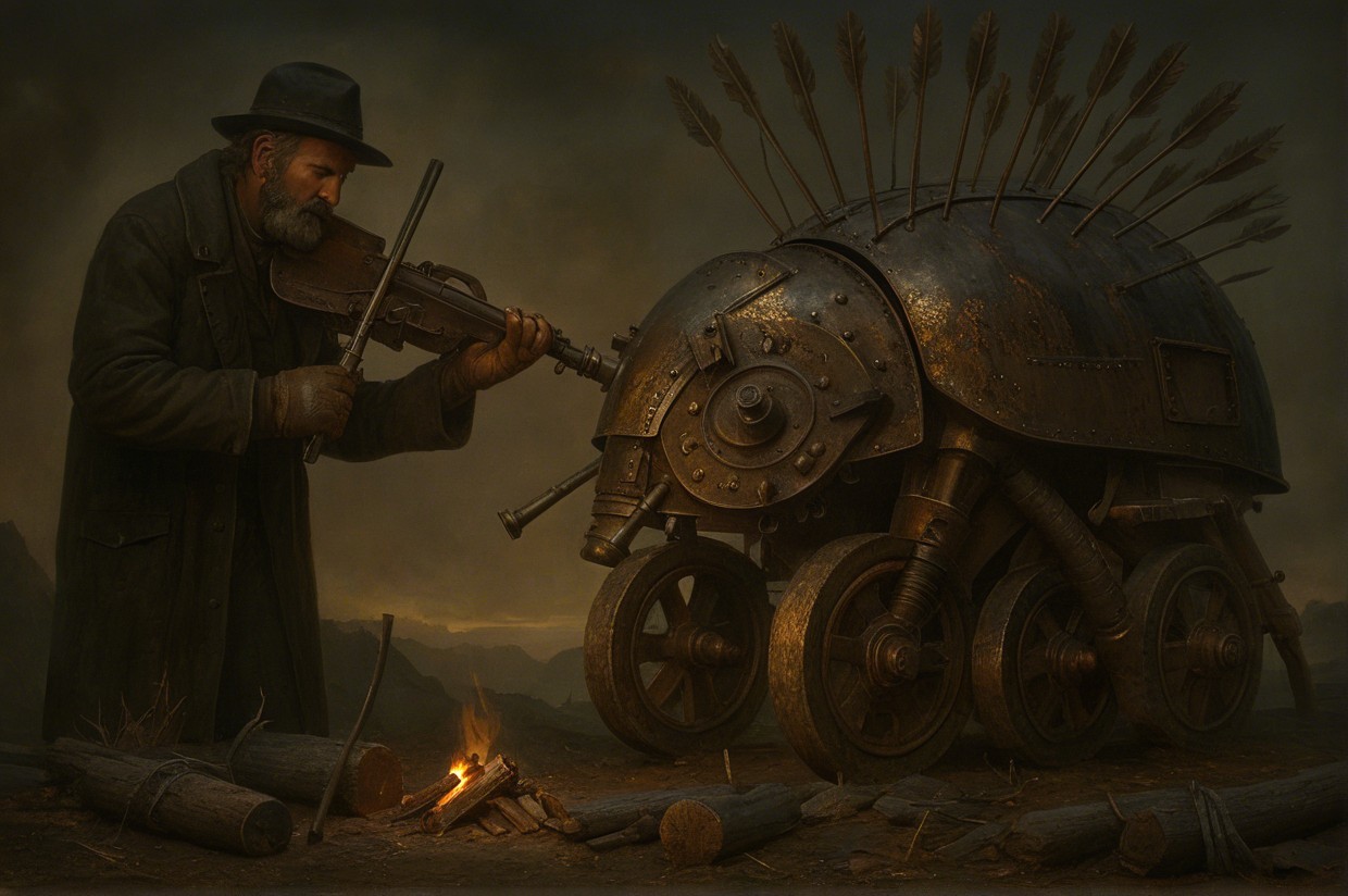 Weathered Man with Violin and Steampunk Tortoise