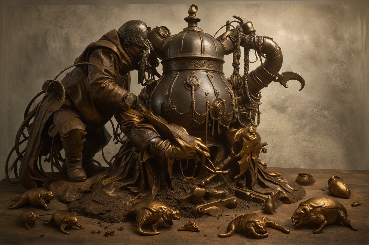 Bronze Sculpture of Whimsical Teapot and Figures