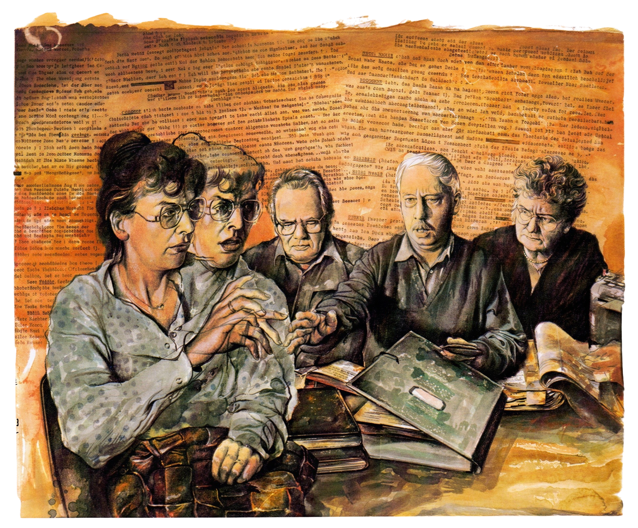 Group Discussion in Vintage Setting with Faded Text