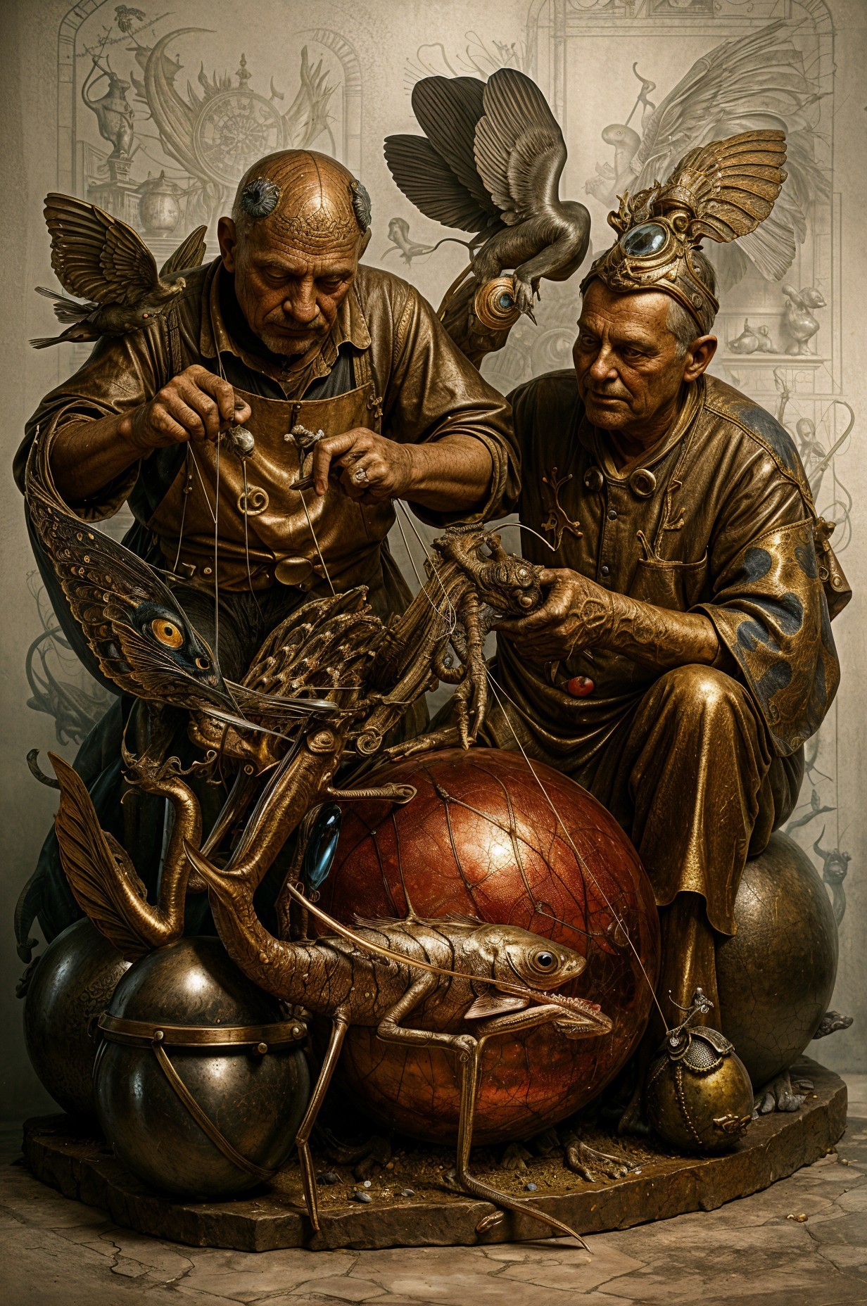 Sculpture of Artisans Creating Mechanical Fish and Birds