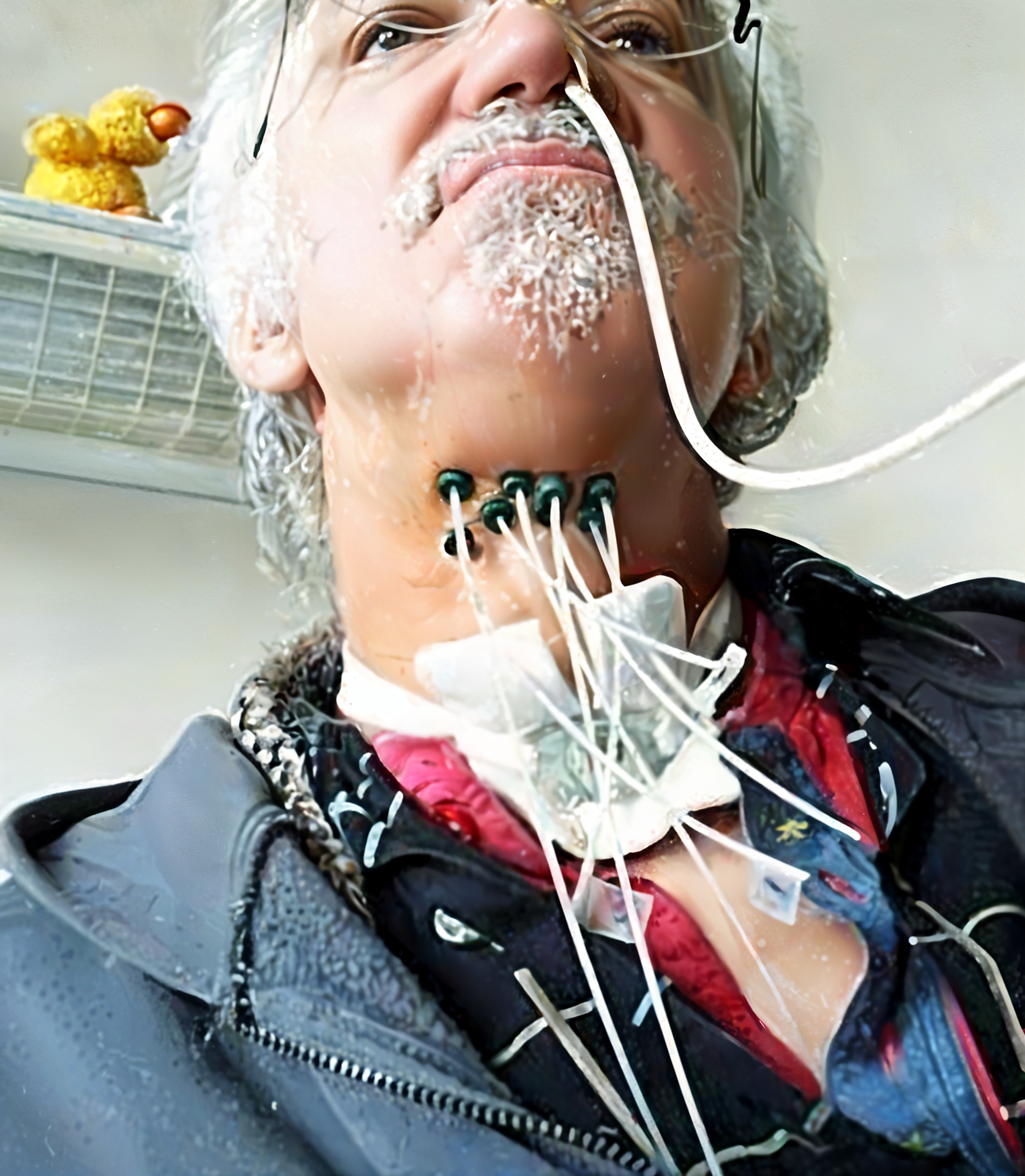 Man with Gray Hair in Medical Setting with Rubber Duck