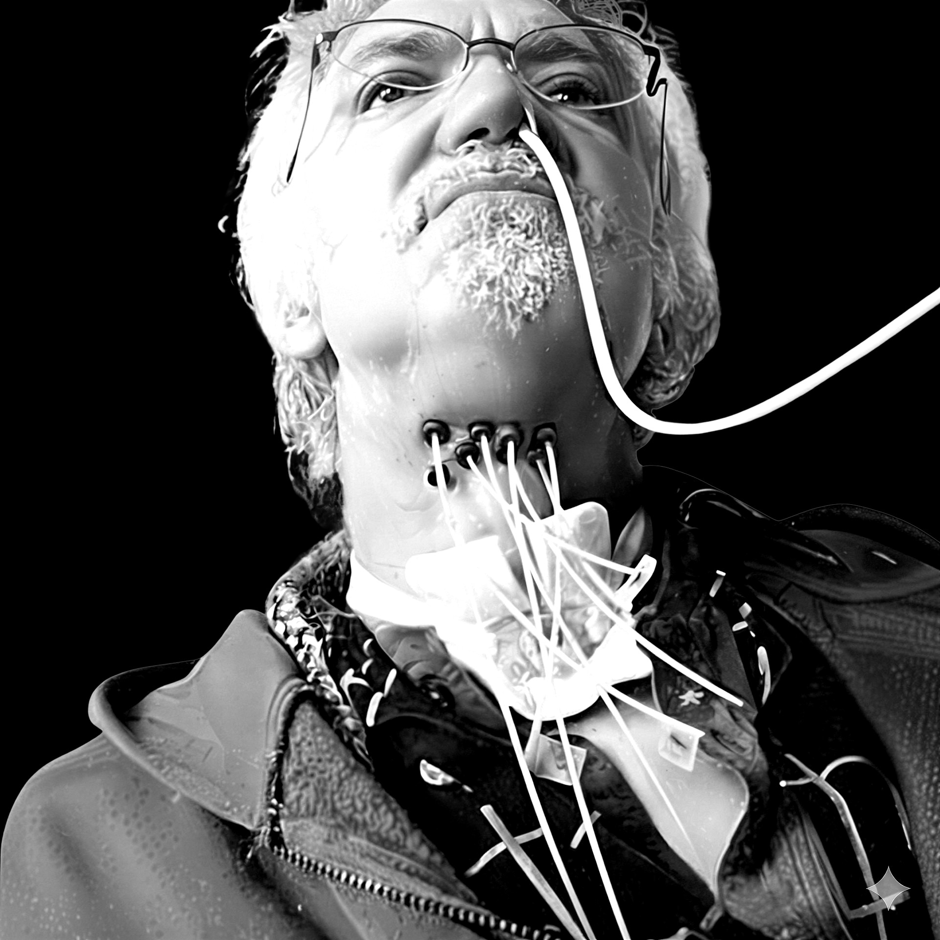 Close-up of a person with cybernetic features and tubes