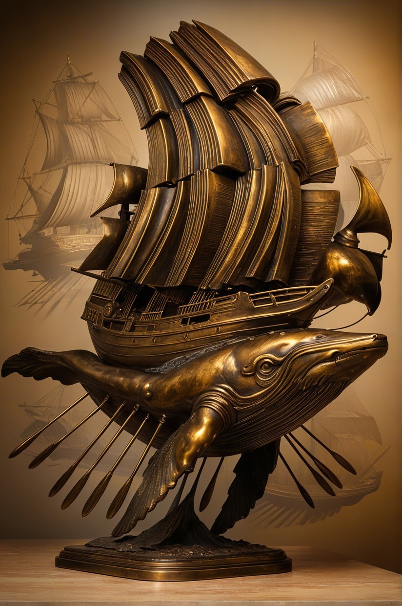 Bronze Sculpture of Whale and Ship with Detailed Textures