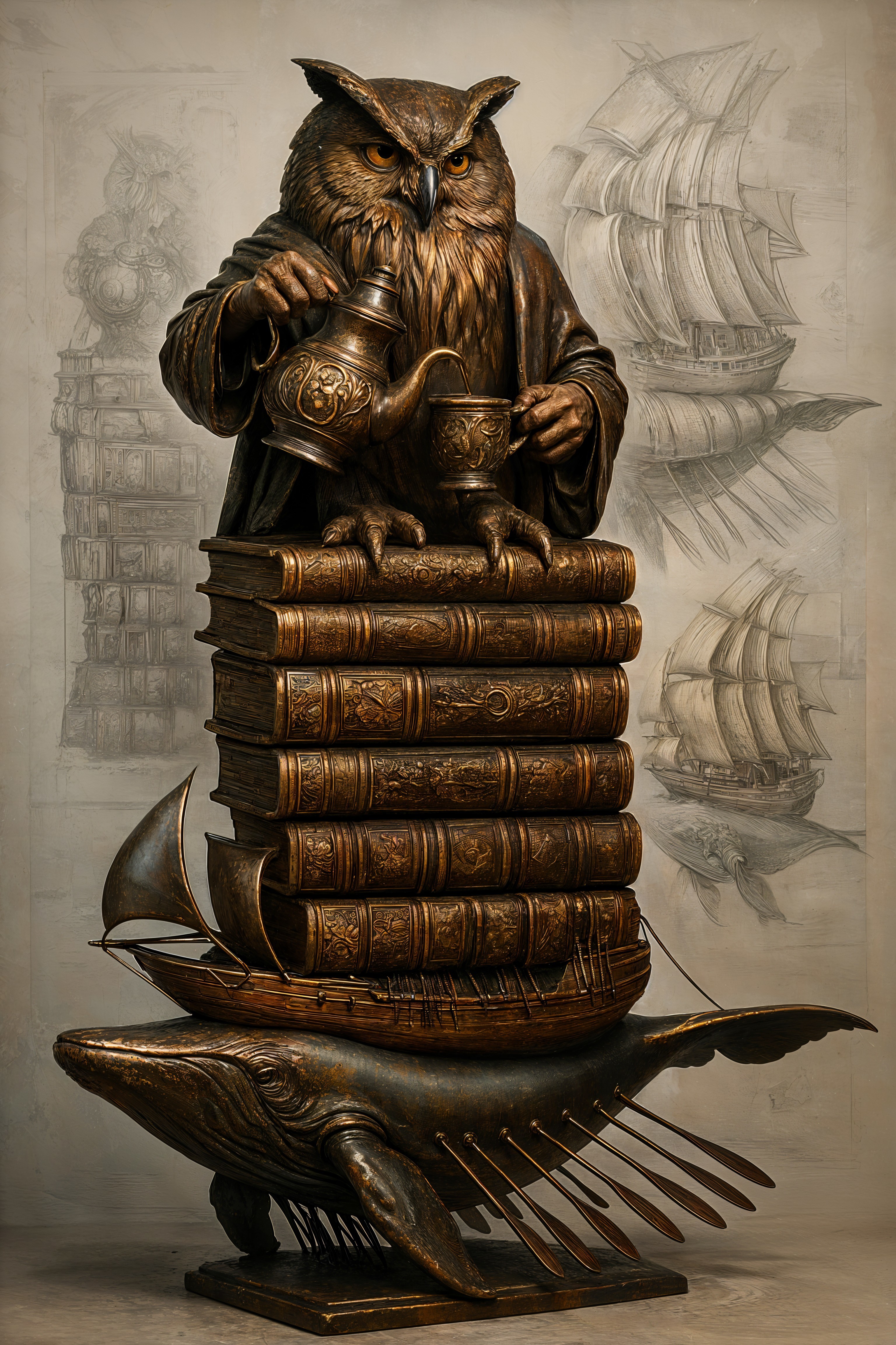 Sculpture of Owl in Scholar Attire with Books and Ship