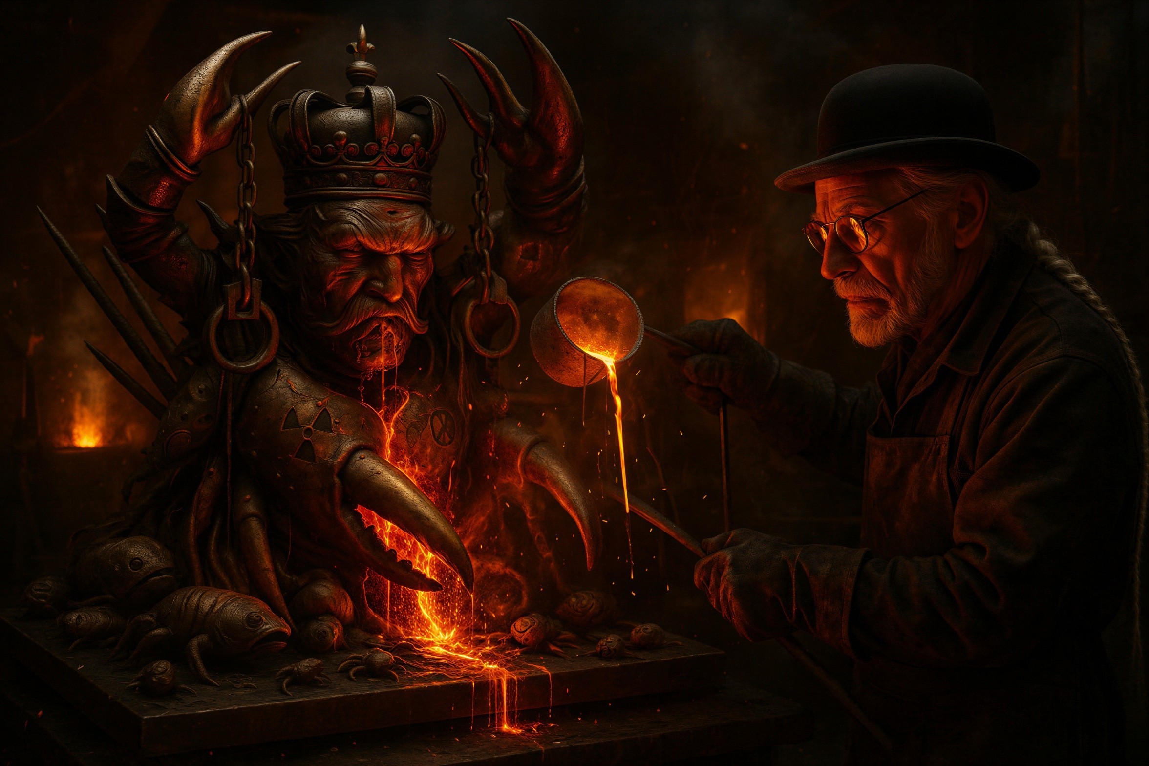 Elderly Craftsman at Work in Dimly Lit Forge