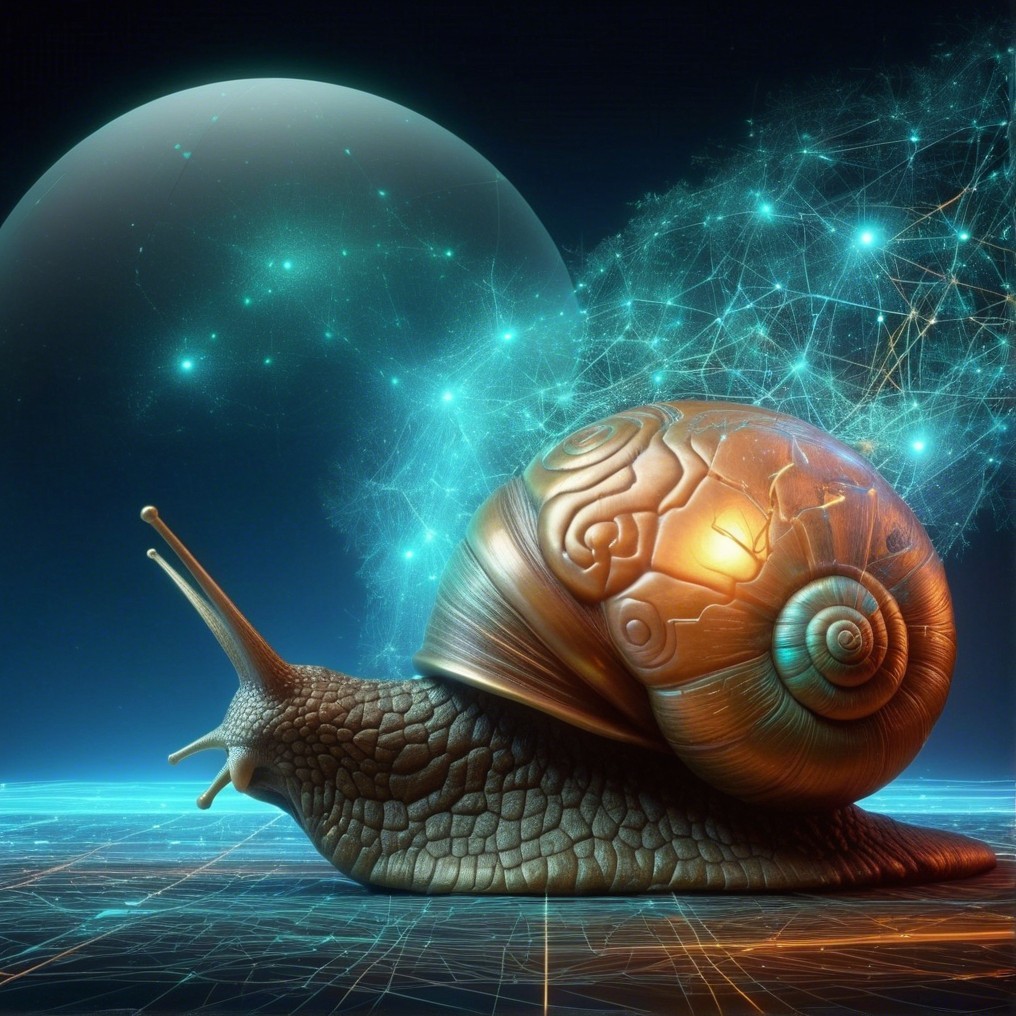 Metallic Snail on Futuristic Digital Landscape