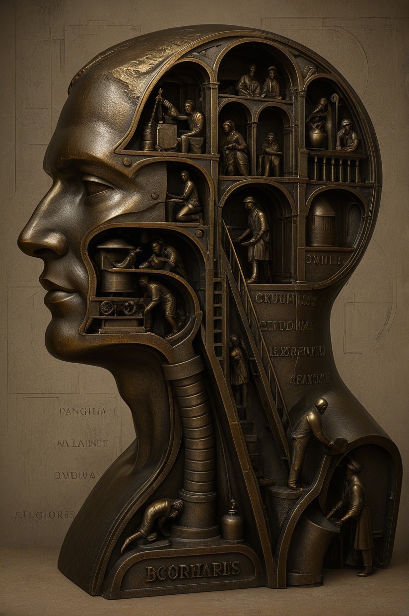 Bronze Sculpture of Human Head with Intricate Scenes