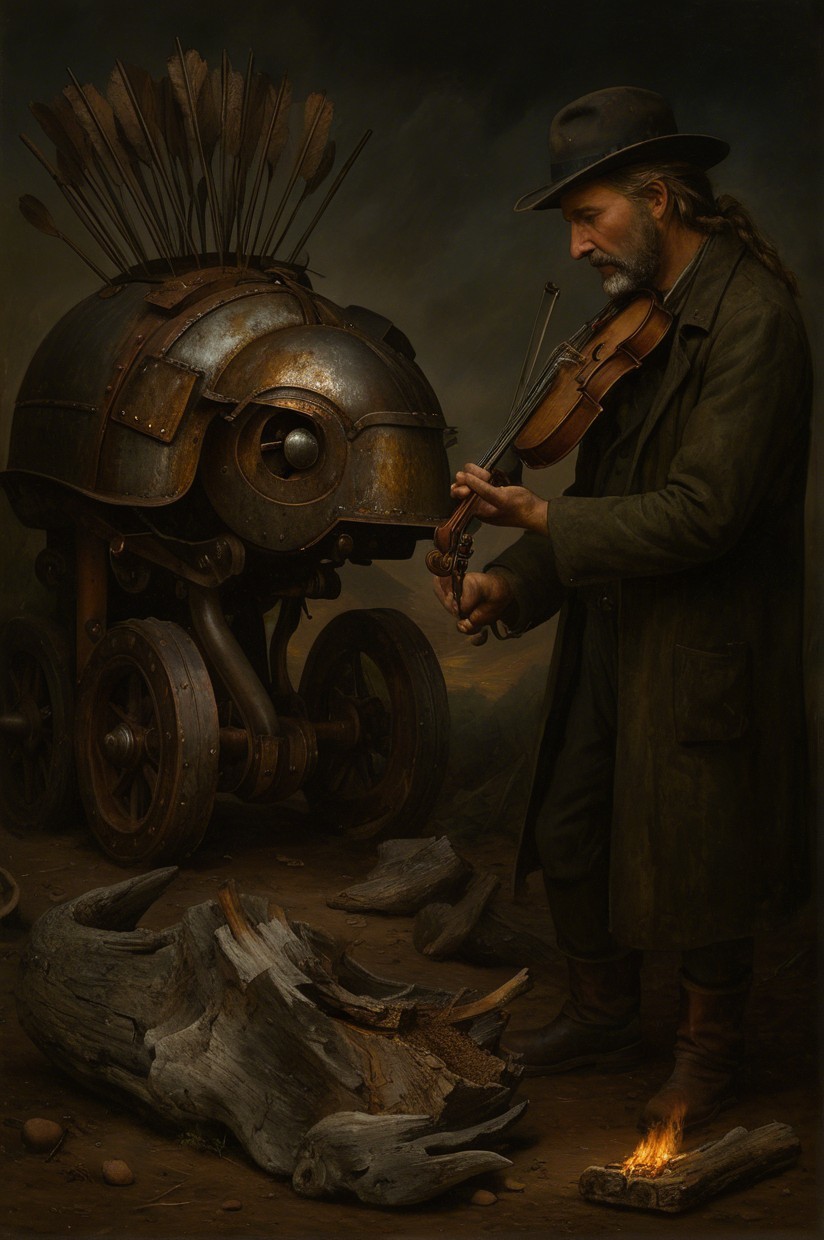 Rugged man playing violin near steampunk cart and fire
