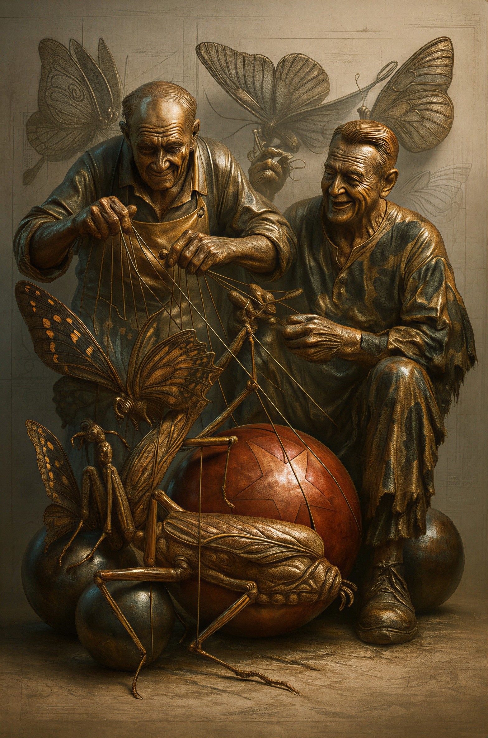 Elderly Men Creating Colorful Mechanical Insects