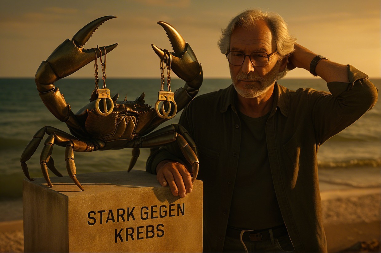 Older Man Beside Crab Sculpture at Sunset Beach