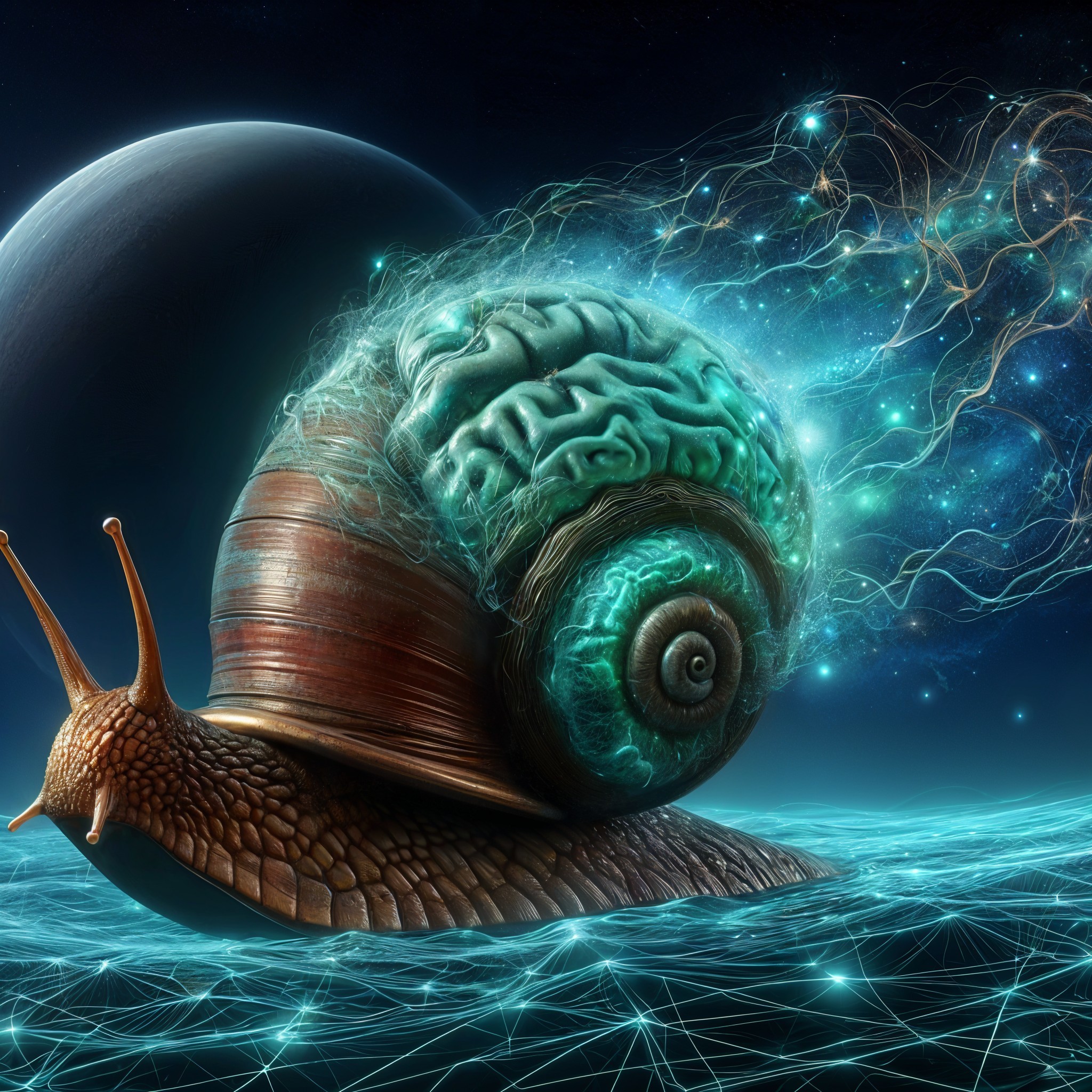 Giant Snail in Cosmic Landscape with Glowing Shell