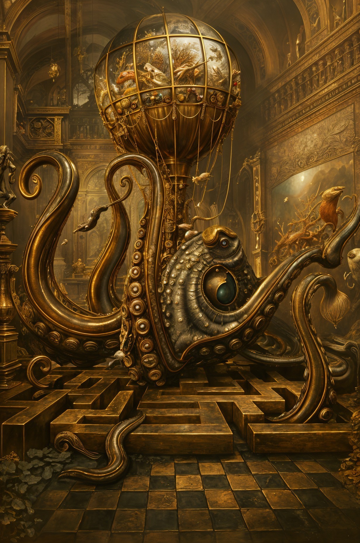 Golden Octopus Entwined in Ornate Structures Scene