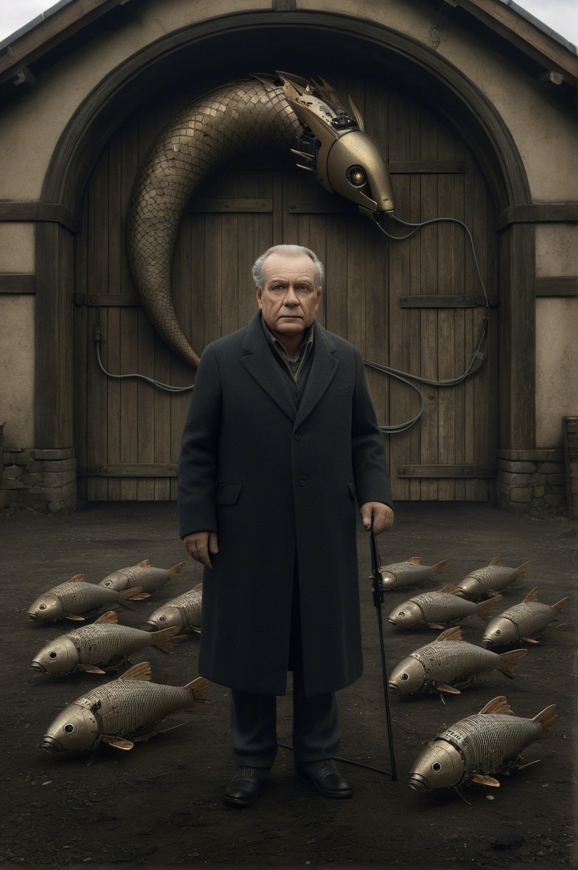 Elderly Man with Mechanical Serpent in Surreal Scene