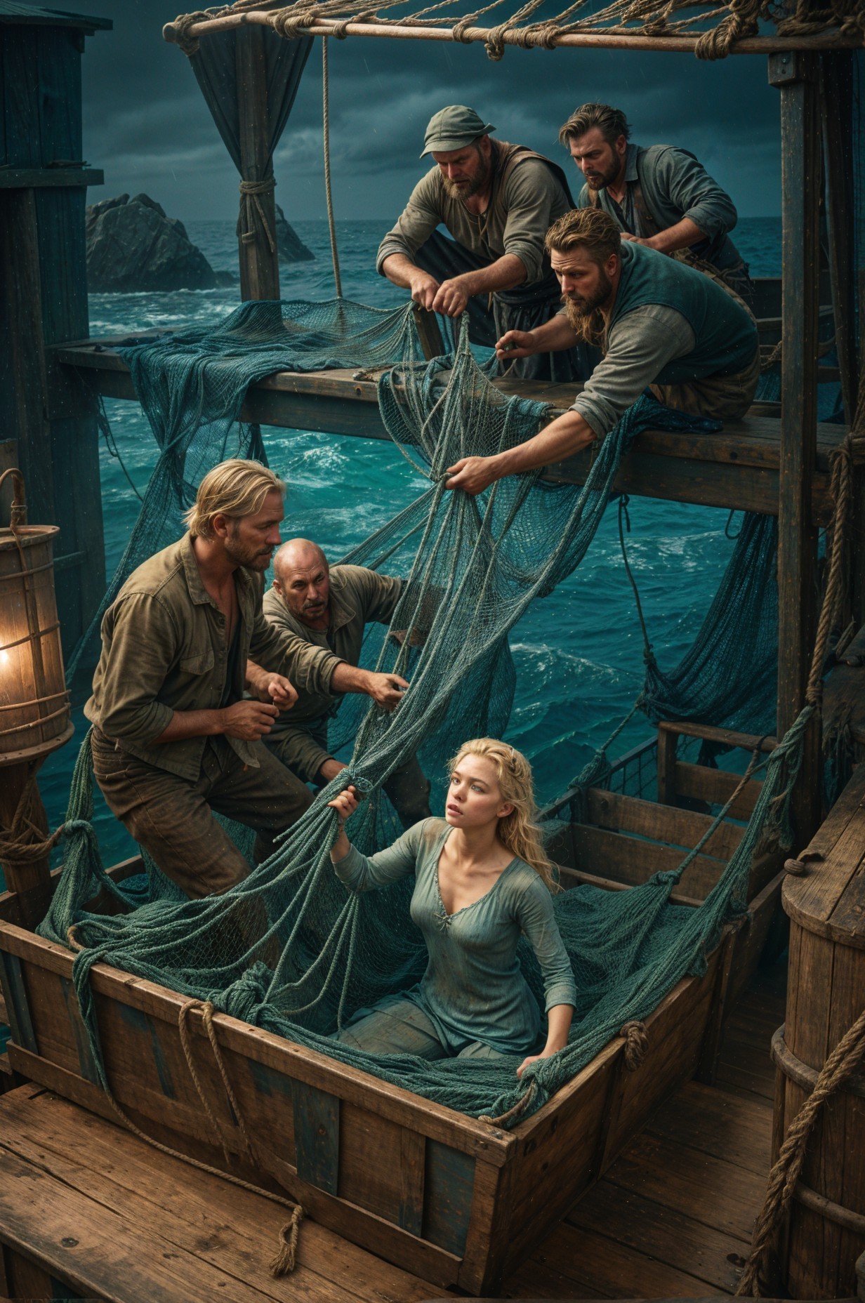 Fishermen Working on a Boat in a Stormy Sea