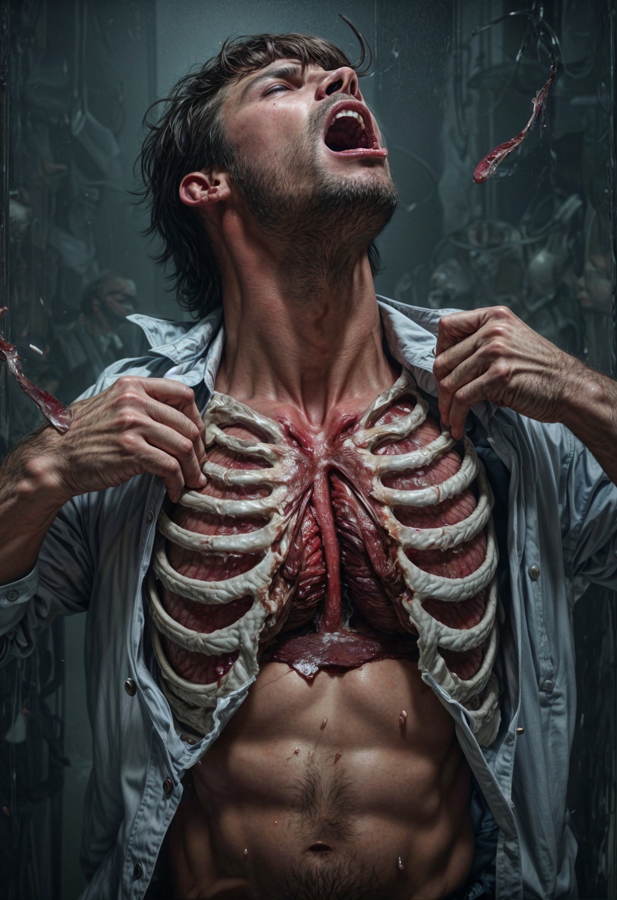 Man Revealing Anatomical Details Through Torn Shirt