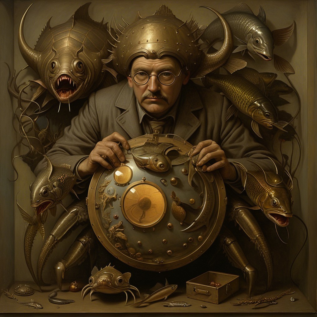Surreal Scene with Man, Fish, and Steampunk Elements