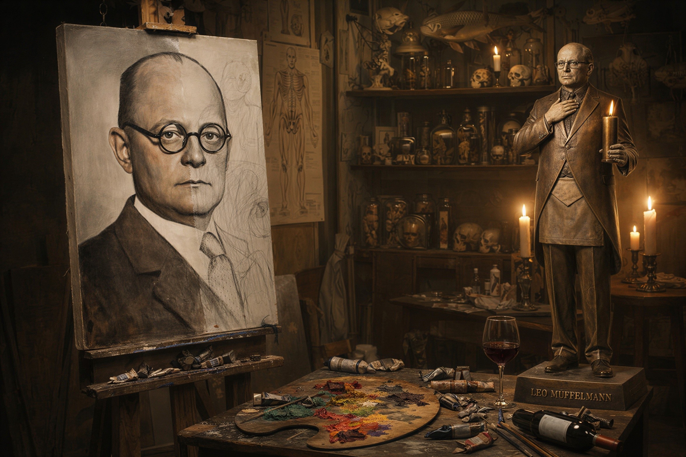 Old Oil Painting of Man in Art Studio with Objects