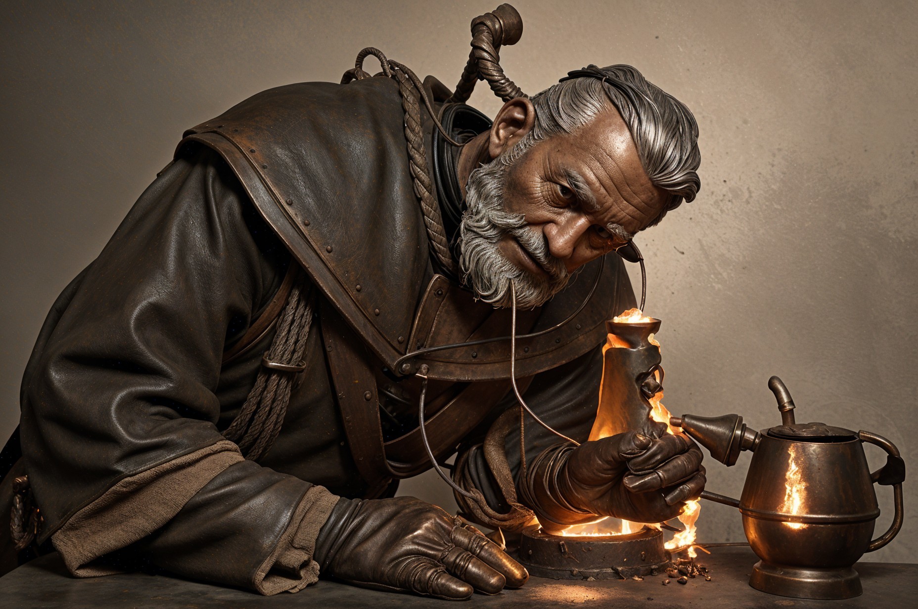 Elderly Man in Leather Coat Tending Alchemical Mixture