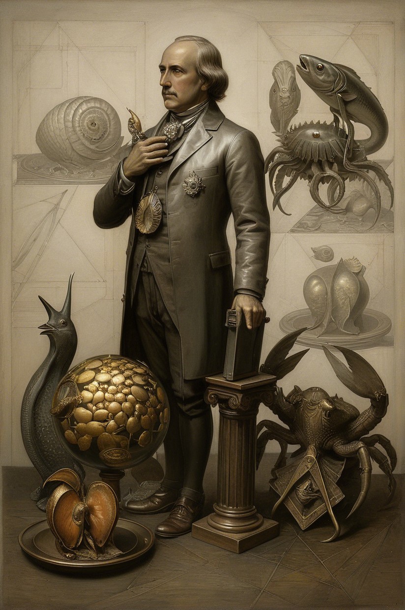 Gentleman in Suit Surrounded by Marine Life Displays