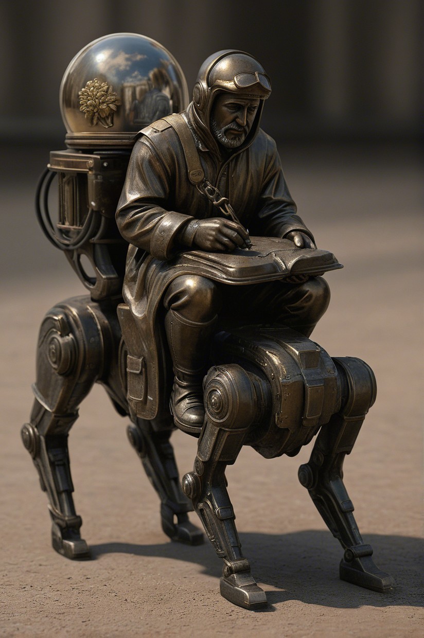 Bronze Sculpture of Aviator Reading on Mechanical Creature