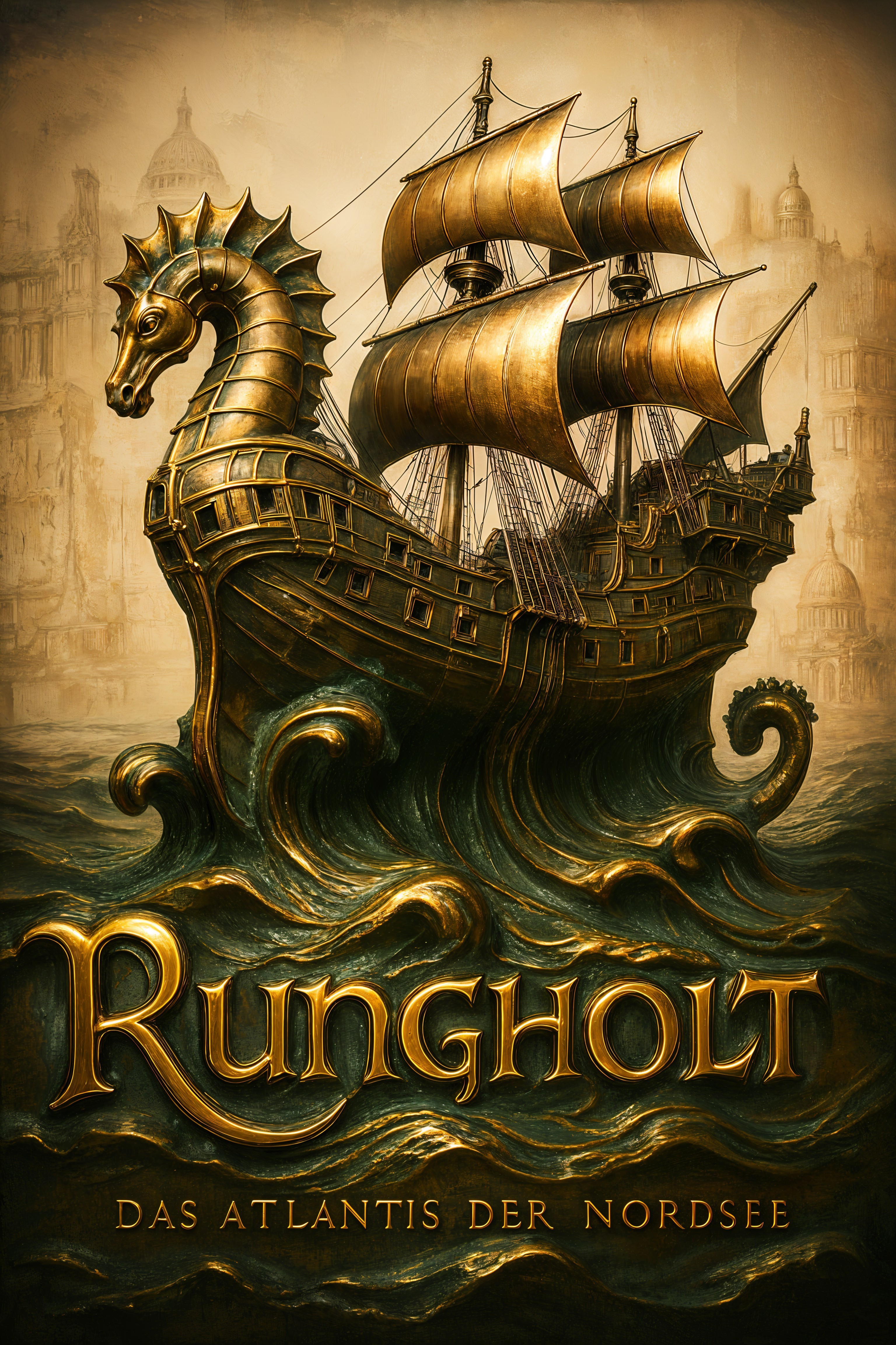 Ornate Ship with Dragon Figurehead in Stormy Waters