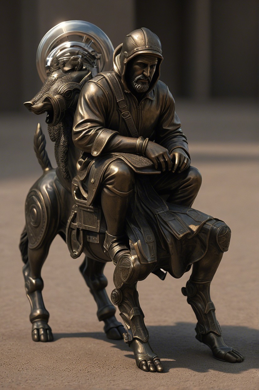 Cloaked Figure on Stylized Horse with Wolf Head Sculpture