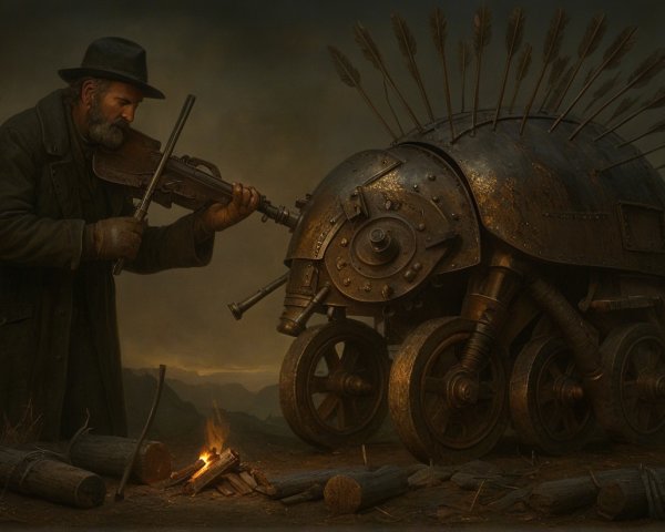 Weathered Man with Violin and Steampunk Tortoise