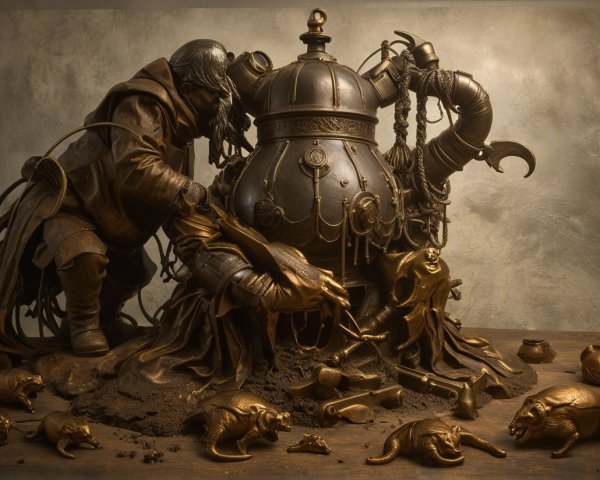 Bronze Sculpture of Whimsical Teapot and Figures