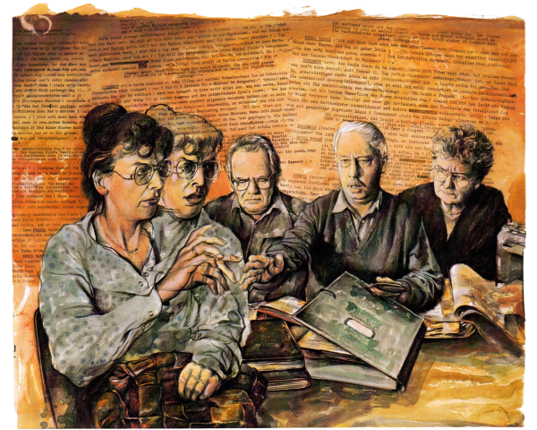 Group Discussion in Vintage Setting with Faded Text