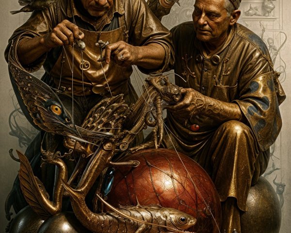 Sculpture of Artisans Creating Mechanical Fish and Birds
