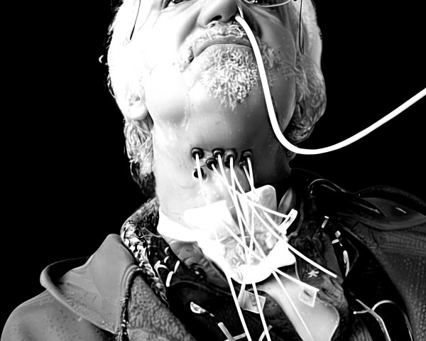 Close-up of a person with cybernetic features and tubes