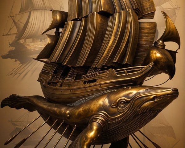 Bronze Sculpture of Whale and Ship with Detailed Textures