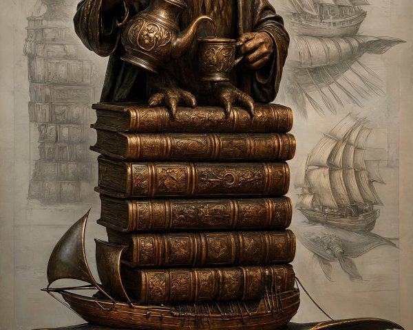 Sculpture of Owl in Scholar Attire with Books and Ship
