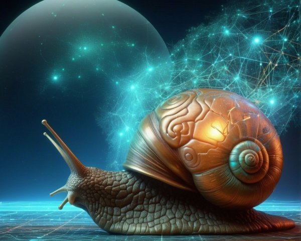 Metallic Snail on Futuristic Digital Landscape