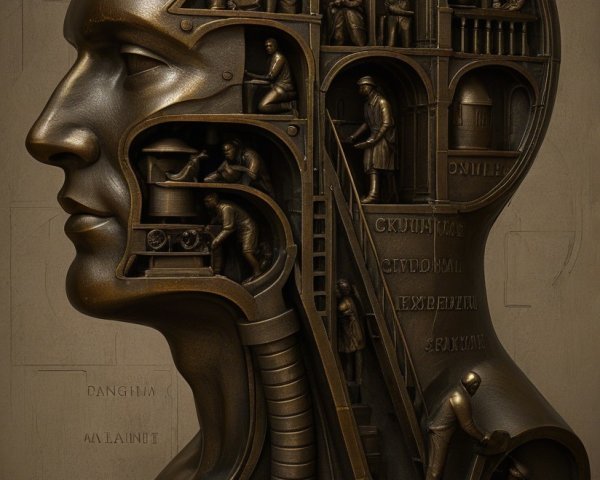 Bronze Sculpture of Human Head with Intricate Scenes