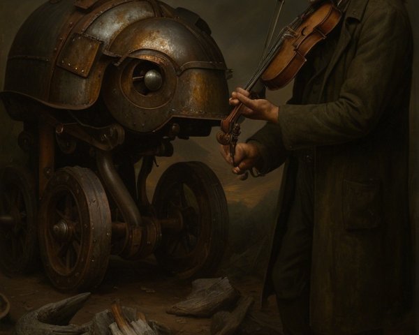 Rugged man playing violin near steampunk cart and fire