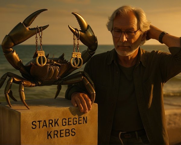 Older Man Beside Crab Sculpture at Sunset Beach