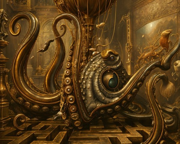 Golden Octopus Entwined in Ornate Structures Scene