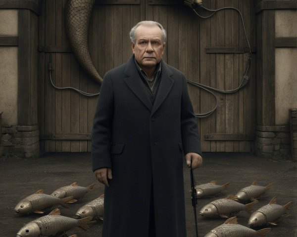 Elderly Man with Mechanical Serpent in Surreal Scene