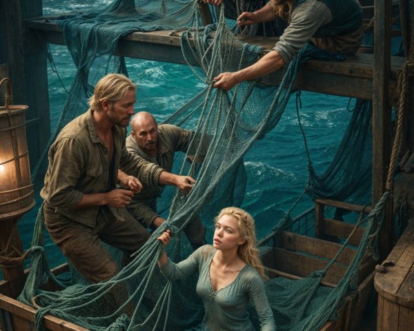 Fishermen Working on a Boat in a Stormy Sea
