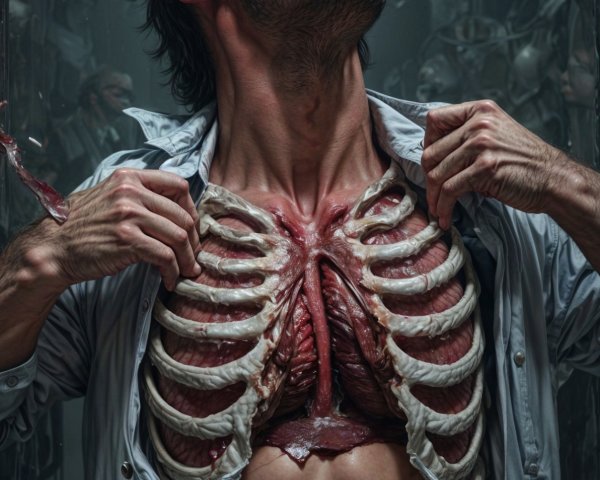 Man Revealing Anatomical Details Through Torn Shirt
