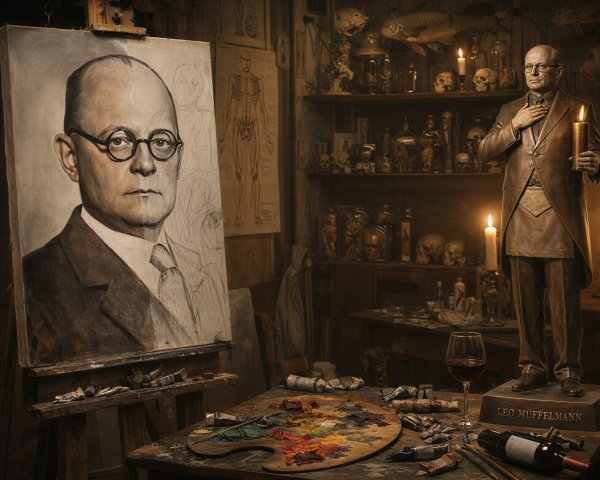 Old Oil Painting of Man in Art Studio with Objects