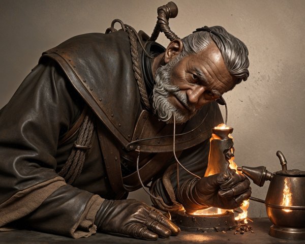 Elderly Man in Leather Coat Tending Alchemical Mixture