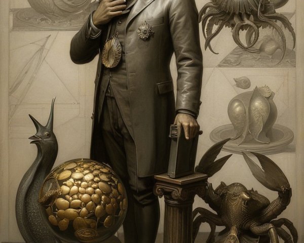 Gentleman in Suit Surrounded by Marine Life Displays