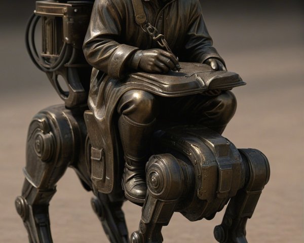 Bronze Sculpture of Aviator Reading on Mechanical Creature