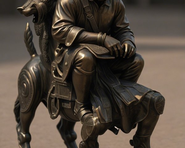 Cloaked Figure on Stylized Horse with Wolf Head Sculpture
