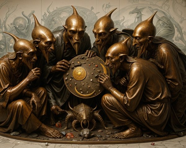 Humanoid Figures Surrounding Intricate Circular Shield