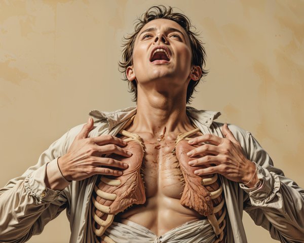 Young man expressing emotion with anatomical art display