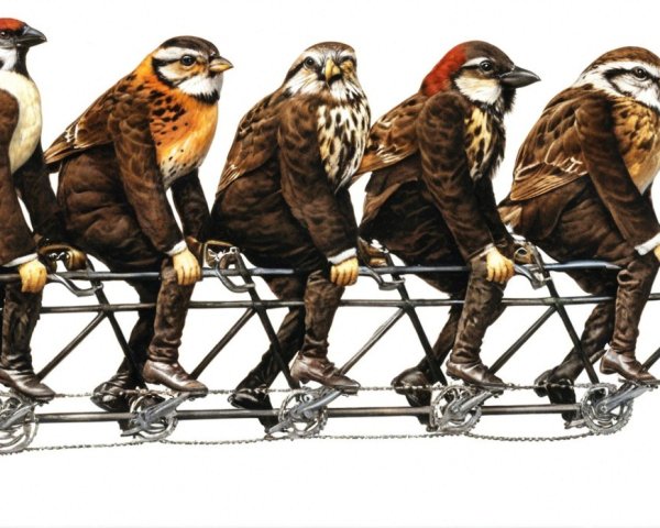 Whimsical Illustration of Birds on a Tandem Bicycle
