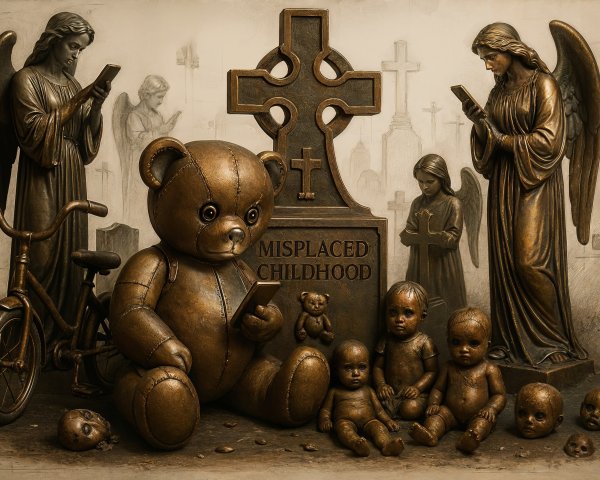 Surreal Scene of Teddy Bear and Gravestone Imagery